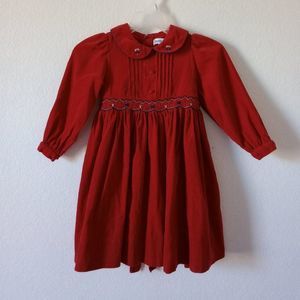 Christie Brooks Vintage Red Corduroy Embroidered Flowers Smocked Waist Dress